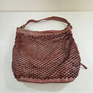 Reptile's House Italy Brown Leather Laser Cut 3D Hexagon Studded Hobo Bag Large